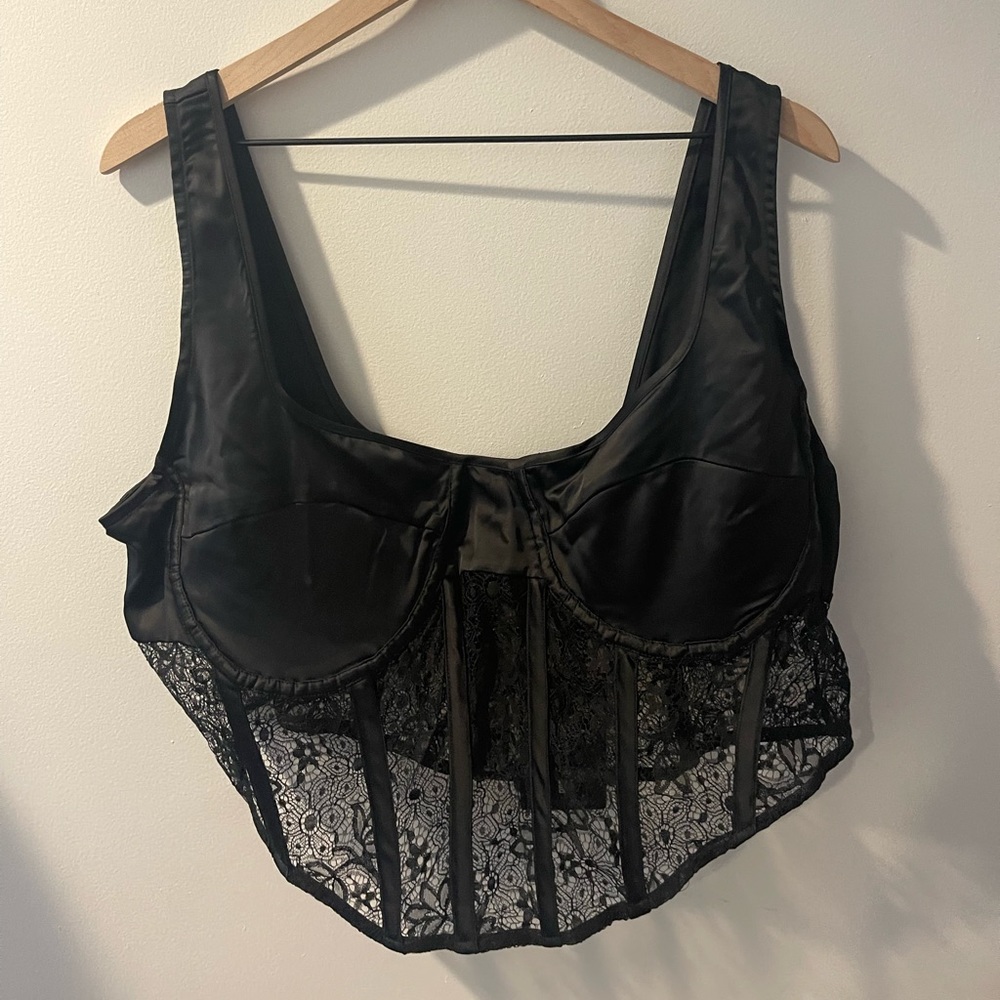 Brand New Plus Black Satin Lace Panel Corset